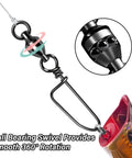20 Pack Ball Bearing Swivels With Snaps For Fishing Tackle Premium Heavy Duty Saltwater Freshwater Gear Coastlock Barrel Swivels Leader Connectors Downrigger Planer Release Clips 49Lb black swivel attached to lure with 360° rotation