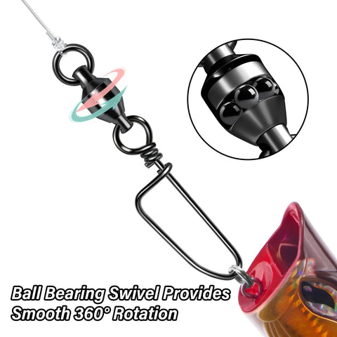 20 Pack Ball Bearing Swivels With Snaps For Fishing Tackle Premium Heavy Duty Saltwater Freshwater Gear Coastlock Barrel Swivels Leader Connectors Downrigger Planer Release Clips 49Lb black swivel attached to lure with 360° rotation