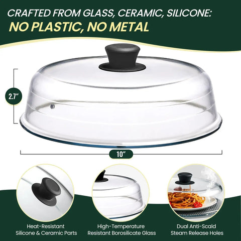 2 In 1 Glass Microwave Splatter Cover And Plate Mat Set with Easy Grip Silicone Handle, 10 Inch, Borosilicate Glass