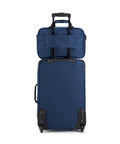 Luggage set: front view of navy blue Amazon Basics softside 23-inch expandable suitcase on wheels with 15-inch tote