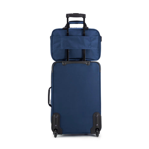 Luggage set: front view of navy blue Amazon Basics softside 23-inch expandable suitcase on wheels with 15-inch tote