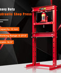 Heavy Duty 12 Ton Hydraulic Shop Floor Press With H Frame And Steel Plates Adjustable Working Table Floor Stand Jack Built To Handle Gears And Bearings Powder Coated Rust Resistant Construction For Tough Shop Use, red color