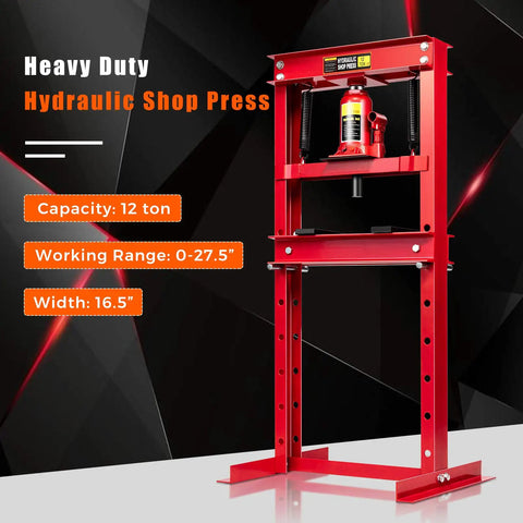 Heavy Duty 12 Ton Hydraulic Shop Floor Press With H Frame And Steel Plates Adjustable Working Table Floor Stand Jack Built To Handle Gears And Bearings Powder Coated Rust Resistant Construction For Tough Shop Use, red color