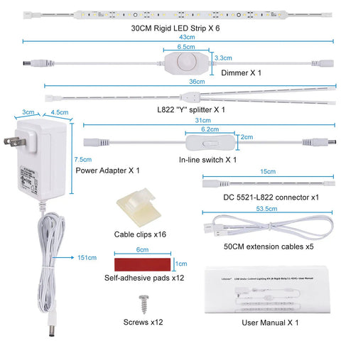 Under Cabinet LED Lighting Kit For Kitchens And Shelves With 6 x 12 Inch Rigid Light Strips, Plug In Dimmer, Adapter, And Extension Cables