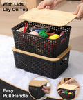 Top Tier Stackable Storage Bins With Bamboo Lids Set Of Six Heavy Duty Bpa Free Plastic Baskets showing lid and toys inside.
