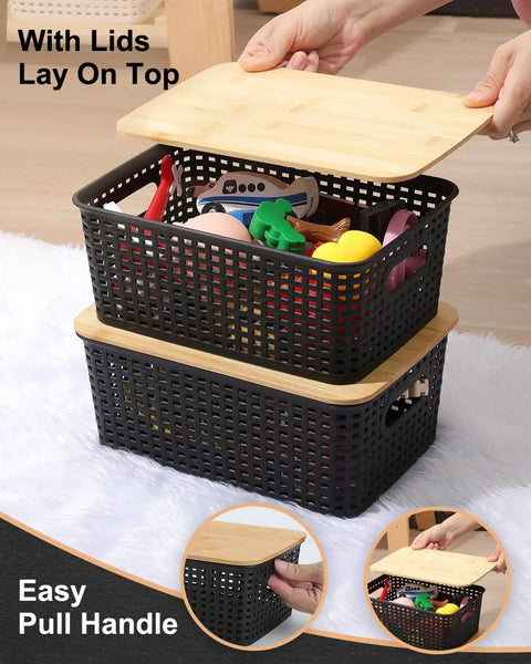 Top Tier Stackable Storage Bins With Bamboo Lids Set Of Six Heavy Duty Bpa Free Plastic Baskets showing lid and toys inside.