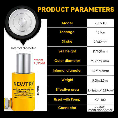 NEWTRY 10-ton hydraulic ram jack with CP-180 hand pump; yellow bottle jack and steel ram cylinder, 2" stroke.