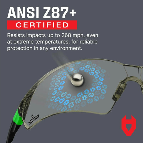 Legit Anti Fog Safety Glasses With Scratch Resistant Coating Serving Boss Level Uv Defense close-up of ANSI Z87 certified lens with impact resistance detail.