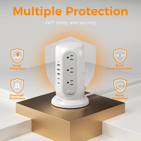 White Tower Power Strip With 12 Outlets And 5 USB Ports, Including 2 USB C, Individual Switches, 10 Ft Flat Extension Cord, 17-in-1 design