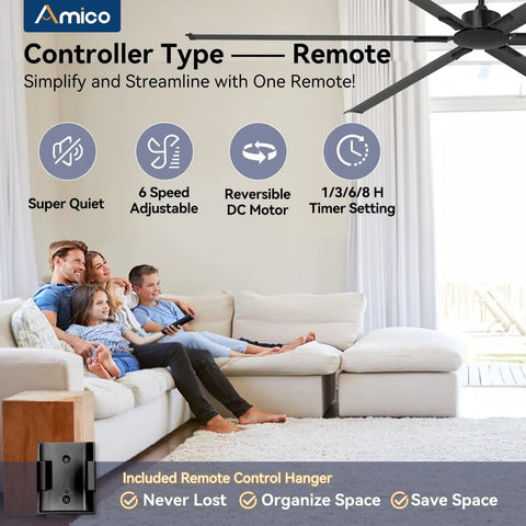 Family relaxing under 100 Inch Ceiling Fan Without Lights With Remote Control For Indoor Outdoor Use Reversible 6 Blade Industrial Black Ceiling Fan