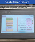 Plug And Go Automatic Flat Bottle Label Applicator Desktop Labeling Machine With Conveyor Belt And Print Coder touch screen display showing settings.