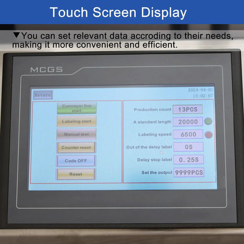 Plug And Go Automatic Flat Bottle Label Applicator Desktop Labeling Machine With Conveyor Belt And Print Coder touch screen display showing settings.