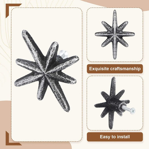 Six Unique Antique Silver Cast Iron Drawer Pulls And Cabinet Knobs With 8 Point Star Burst Design Give Your Furniture A Dope Mid Century Modern Vibe While Keeping Classic Rustic Charm With Easy Installation Screws Included.
