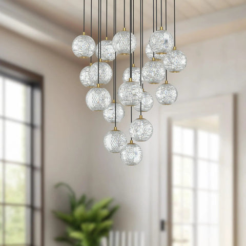 Natural Brass 18 Light Led Multi Pendant Light Fixture With Clear Ribbed Acrylic Shades Hanging Ceiling Lamp For Kitchen Or Dining Room with clear shades.