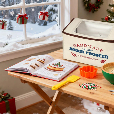 Extra Large Automatic Dough Proofing Box With Plug And Play Temperature Settings And An All Day Timer near a baking book and festive decorations.