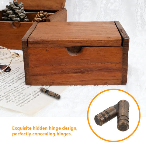 10 Pcs Brass Cylinder Hinges 5Mm Heavy Duty Concealed Hinges for jewelry and keepsake boxes on a decorative wood box.
