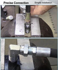 Hydraulic hose fittings 3/8 in JIC being crimped; close-up shows 37° male threaded end
