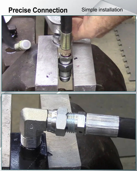 Hydraulic hose fittings 3/8 in JIC being crimped; close-up shows 37° male threaded end