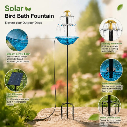 Sun-Powered Bird Bath Fountain With External Solar Panel And Copper Cleaner, Self-Cleaning Outdoor Water Feature For Non-Stop Cascade, Hanging Or Stake Mount, Blue Hummingbird Garden Decor.