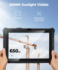 Person holding a Badass 12.2 Inch Rugged Windows Tablet featuring Hot Swap Dual Batteries and Easy SSD Upgrades IP65 Waterproof, sunlight-visible.