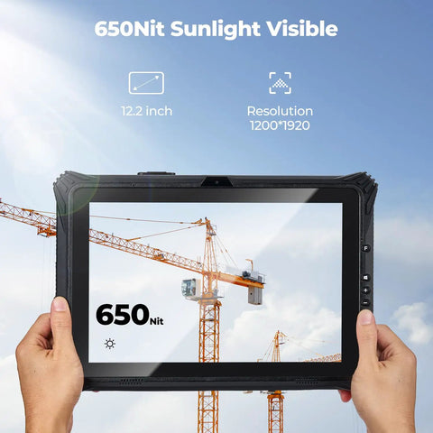Person holding a Badass 12.2 Inch Rugged Windows Tablet featuring Hot Swap Dual Batteries and Easy SSD Upgrades IP65 Waterproof, sunlight-visible.