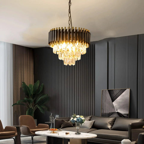 Modern Crystal Chandelier 3 Tier Round Black And Gold Pendant Light With 12 LED Bulbs in living room setting