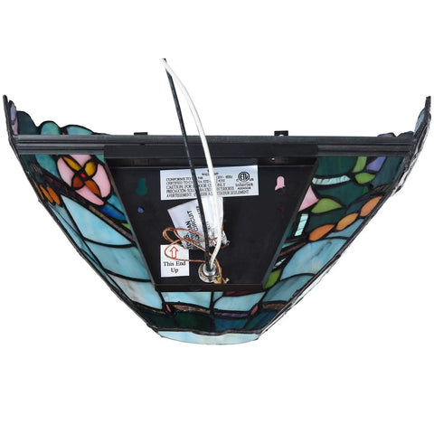 Back view of Rose Flower Tiffany Style Stained Glass Wall Sconce Lamp 12 Inch Wide, wiring visible, handmade craftsmanship