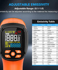 Non Contact Infrared Thermometer Gun With Dual Laser And Thermocouple Probe, 50 To 1 Pyrometer, From -40F To 3632F, Adjustable Emissivity 0.1 To 1.0, Engine Kiln Forge Industrial Temperature Check, Shop Pro Grade Accuracy, orange display and emissivity table