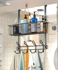 Over The Door Hooks Organizer With Basket And 12 Coat Hooks Grab And Go Door Hanger Storage Rack in black in bathroom setting
