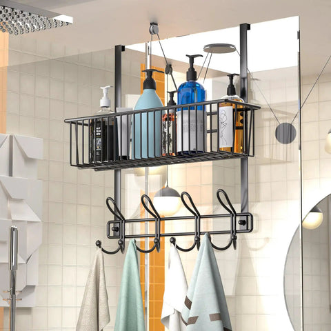 Over The Door Hooks Organizer With Basket And 12 Coat Hooks Grab And Go Door Hanger Storage Rack in black in bathroom setting