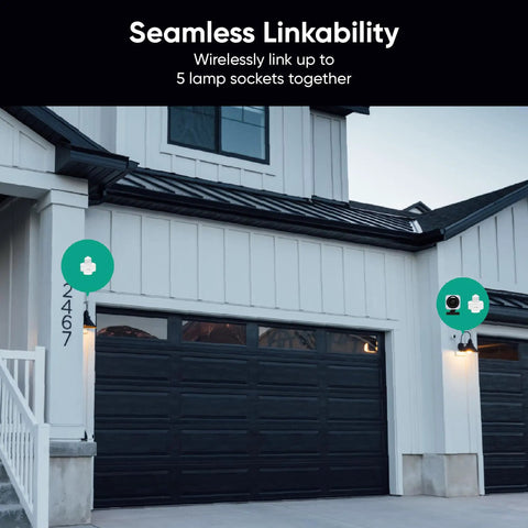 Lamp Socket Power Adapter For V3 And V4 Outdoor Cameras Turns Any Light Bulb Into Motion Activated Exterior Security Light And Lets You Link Up To Five Sockets For Easy Wireless Lighting Control displayed on house exterior.