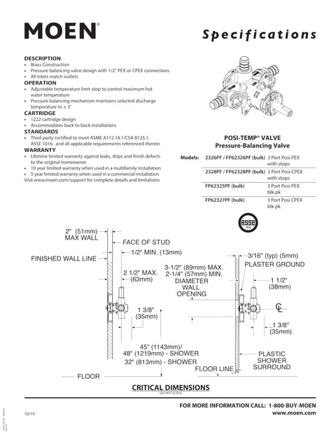 PosiTemp Pressure Balancing Shower Valve With M Pact Common Valve System, Half Inch Connection specs diagram and dimensions