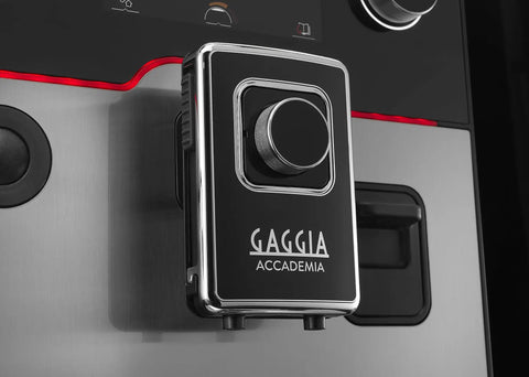 Close-up of the dial on the Top Tier Heavy Hitter Italian Fully Automatic Espresso Machine With Brushed Stainless Steel Housing.