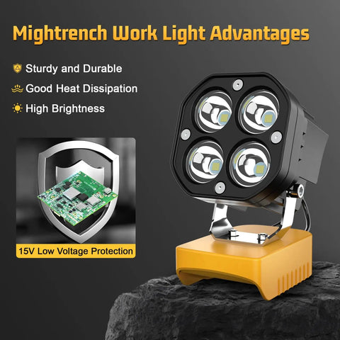 6000 Lumens Cordless LED Work Light with 40W Power and 120 Degree Adjustable Head on rocky surface