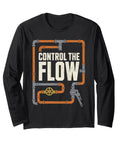 Black Long Sleeve Plumber Shirt Featuring Slick Pipe Wrench And Valve Graphics Classic Fit Job Ready Trades Tees with Control The Flow Design