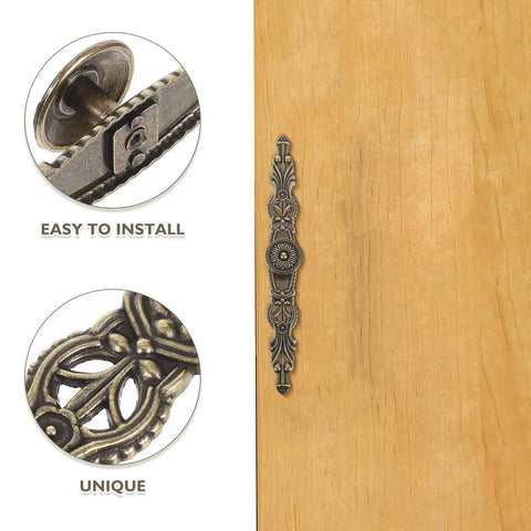 Close-up of Vintage Style Cabinet Handles 6 Pack Zinc Alloy Drawer Pulls For Kitchen Wardrobe Dresser Doors Retro Hardware installed on wood surface showing antique finish and floral design details.