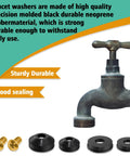 106 Piece Faucet Washer Kit With Assorted Flat And Beveled Rubber Washers For Outdoor Garden Faucets, Leak Repair And Replacement displayed with faucet and washers