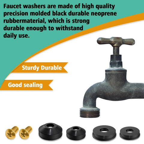 106 Piece Faucet Washer Kit With Assorted Flat And Beveled Rubber Washers For Outdoor Garden Faucets, Leak Repair And Replacement displayed with faucet and washers