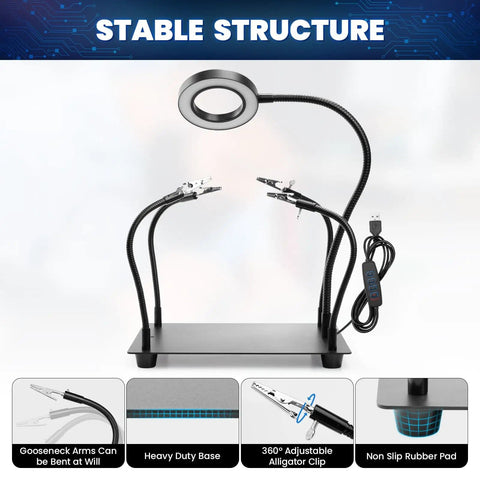 Soldering Station With 5X Magnifying Light And Adjustable 4 Arm PCB Holder for Soldering Assembly and Repair Heavy Duty Magnetic Base