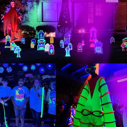 Three Pack Led Black Light Bar Ultraviolet Lamp 385 To 400 Nanometers illuminating neon decor at a vibrant party scene
