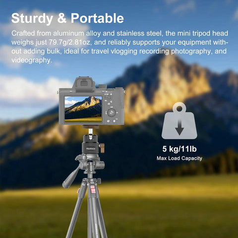 Ultra Compact Metal Ball Head With One Quarter Inch Thread, 360 Degree Swivel And 125 Degree Tilt, Beefy Heavy Duty Tripod Mount For DSLR, Mirrorless, Camcorder, Action Cam, LED Light And Light Stand, Max Load 11 Lb mounted on tripod with camera