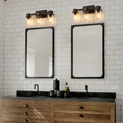 3 Light Rustic Wood Vanity Light With Clear Glass Shades Modern Black Farmhouse Bathroom Over Mirror Fixture