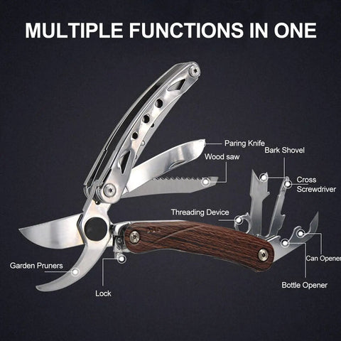 7 In 1 Garden Pruning Shears Folding Multitool With 8 Inch Professional Garden Scissors, knife, saw, opener, and screwdriver.