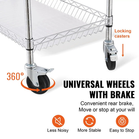Heavy-Duty 3-Tier Kitchen Utility Cart On Wheels With 661 Lbs Capacity showing swivel casters and locking mechanism