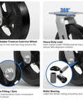 8 Inch Heavy Duty Caster Wheels Set Of 4 With Two Brakes And Two Swivel Casters, Rubber Tread On Cast Iron Core, Load Capacity 4400 Lbs
