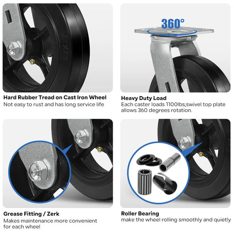 8 Inch Heavy Duty Caster Wheels Set Of 4 With Two Brakes And Two Swivel Casters, Rubber Tread On Cast Iron Core, Load Capacity 4400 Lbs