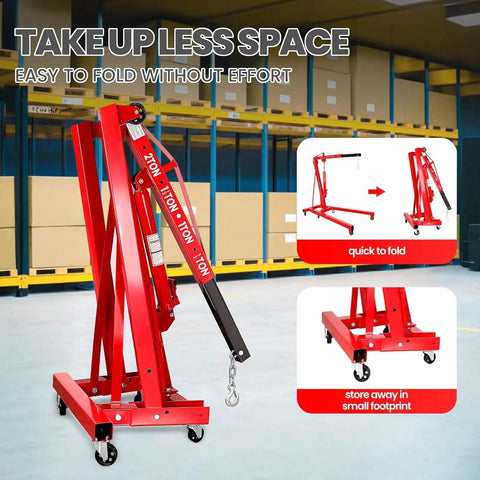 Rock Solid Folding Engine Crane 2 Ton 4400 Pound Capacity with leveling tool, showing easy fold design in a workshop.
