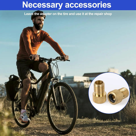 Cyclist riding with Brass Presta to Schrader Valve Adapter Set for Quick Tire Inflation alongside product image.