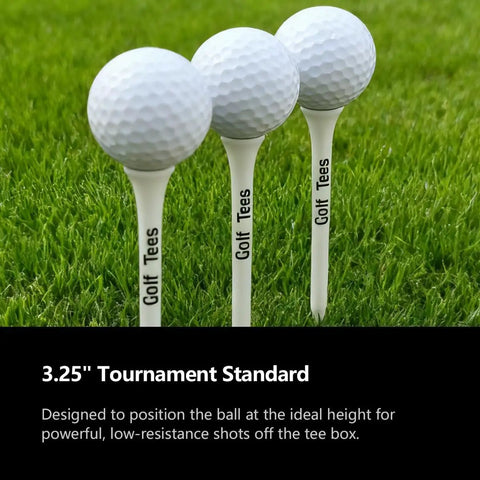 Three golf balls on 3.25 inch tees on grass, featuring Premium Bamboo Golf Tees 83mm Set With Vintage Flip Top Case For Men.