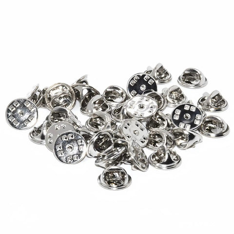 Premium Lock Pin Backs For Lapel Pins Nickel Plated Brass 50 Pack Secure Metal Clutch Fasteners scattered in a pile.